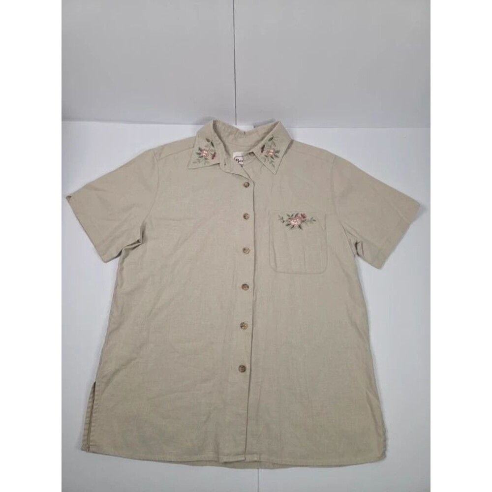 Vintage Bechamel Embroidered Linen Cotton Blend Short Sleeve Button Up Top Small